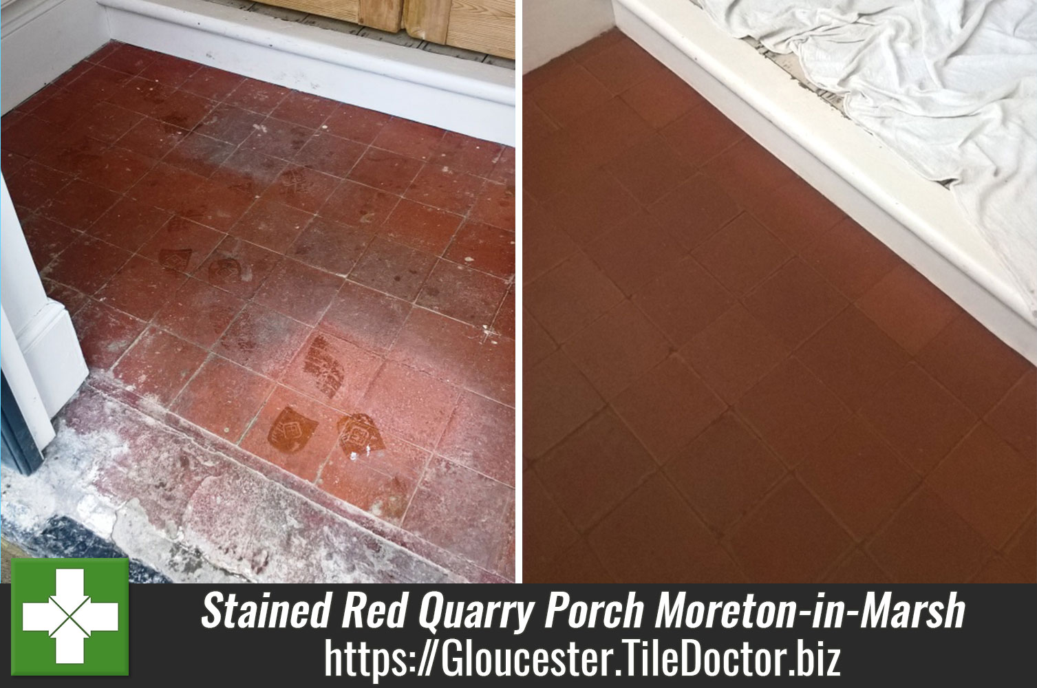 Heavily Stained Red Quarry Porch Tiles Cleaned and Sealed in Moreton in Marsh